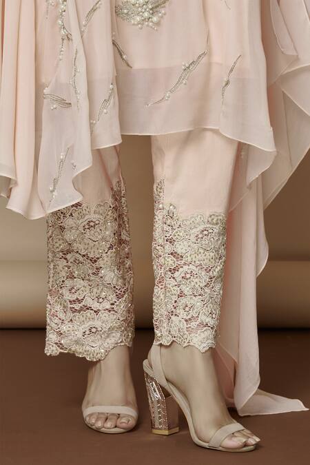 Shop_Aariyana Couture_Peach Georgette, Cotton, Lycra Embroidery Round Neck Kurta With Pants_Online_at_Aza_Fashions
