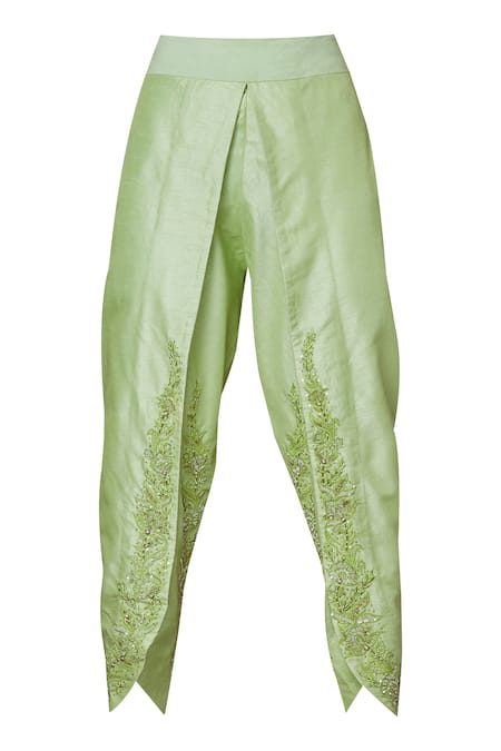 Aariyana Couture_Green Crepe, Bamboo Beads, Sequins Bandeau Embroidered Kaftan With Dhoti Pants_at_Aza_Fashions