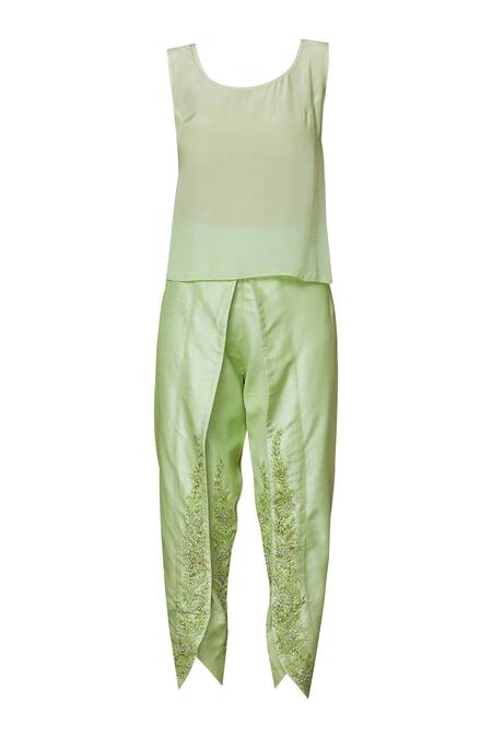 Shop_Aariyana Couture_Green Crepe, Bamboo Beads, Sequins Bandeau Embroidered Kaftan With Dhoti Pants_Online_at_Aza_Fashions