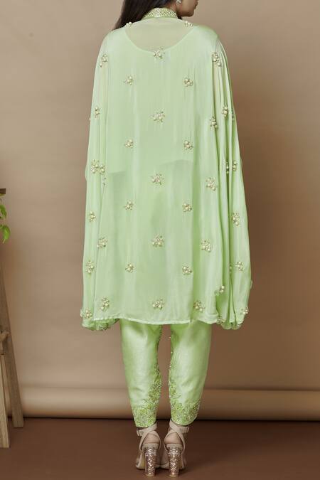 Aariyana Couture_Green Crepe, Bamboo Beads, Sequins Bandeau Embroidered Kaftan With Dhoti Pants_Online_at_Aza_Fashions