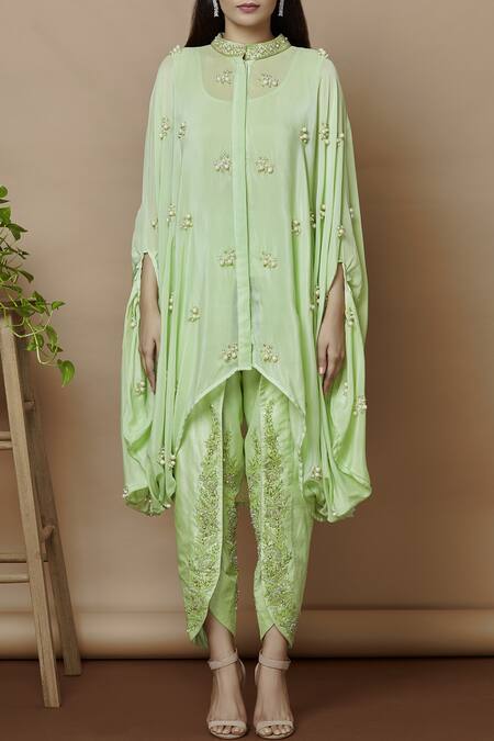 Buy_Aariyana Couture_Green Crepe, Bamboo Beads, Sequins Bandeau Embroidered Kaftan With Dhoti Pants_Online_at_Aza_Fashions