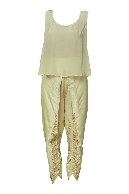 Buy_Ariyana By Aza_Yellow Crepe, Bamboo Beads, Sequins Bandeau Embroidered Kaftan With Dhoti Pants _Online_at_Aza_Fashions