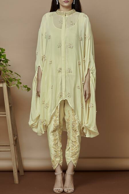 Ariyana By Aza_Yellow Crepe, Bamboo Beads, Sequins Bandeau Embroidered Kaftan With Dhoti Pants _Online_at_Aza_Fashions