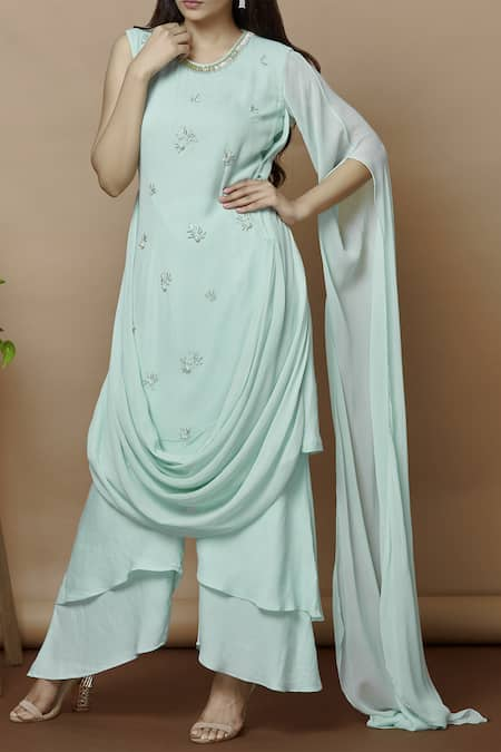 Aariyana Couture Blue Kurta Georgette Layeredpant Moss Crepe Embroidered With Pants  