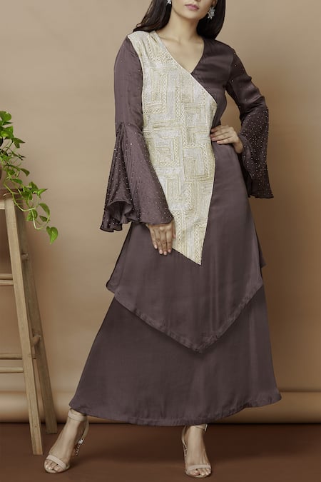 Aariyana Couture Grey Bamberg Silk V Neck Embellished Dress