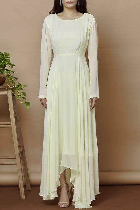 Shop_Aariyana Couture_Yellow Georgette Embroidery Round Neck Embellished Dress_Online_at_Aza_Fashions