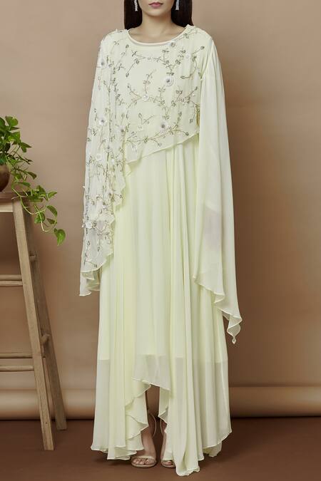 Buy_Aariyana Couture_Yellow Georgette Embroidery Round Neck Embellished Dress_Online_at_Aza_Fashions