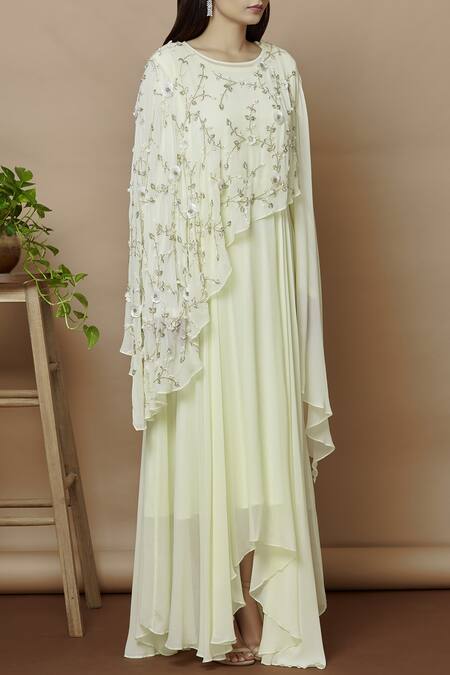 Aariyana Couture_Yellow Georgette Embroidery Round Neck Embellished Dress_Online_at_Aza_Fashions