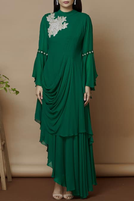 Shop_Aariyana Couture_Green Georgette Embroidery Mandarin Collar Draped Asymmetric Dress_Online_at_Aza_Fashions