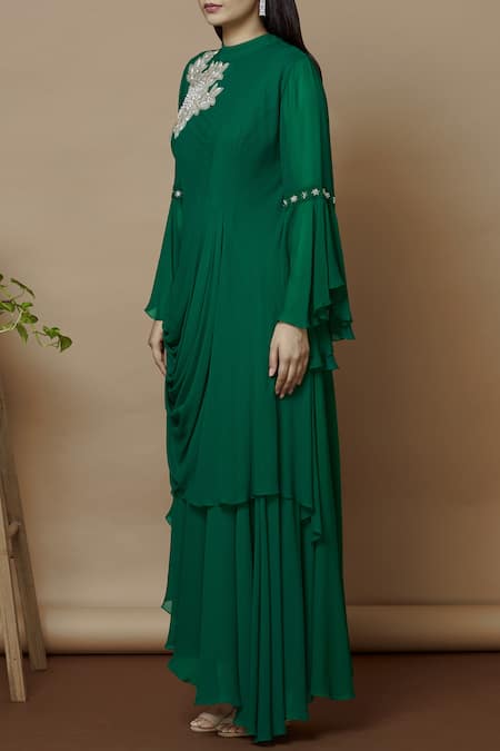 Buy_Aariyana Couture_Green Georgette Embroidery Mandarin Collar Draped Asymmetric Dress_Online_at_Aza_Fashions