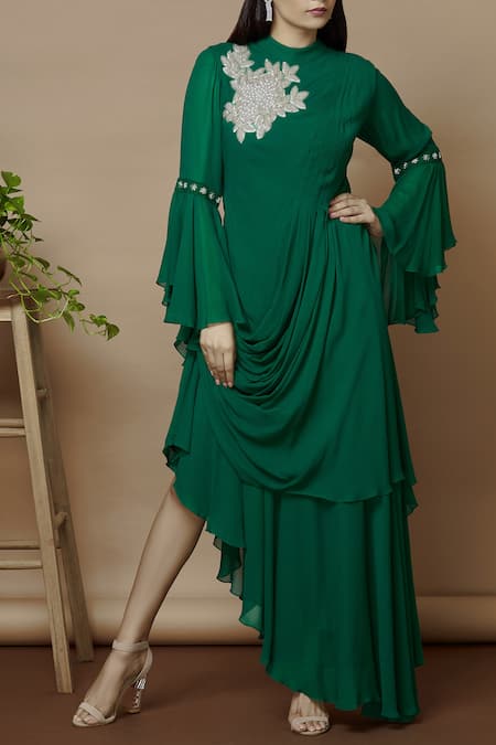 Aariyana Couture Green Georgette Mandarin Collar Draped Asymmetric Dress 