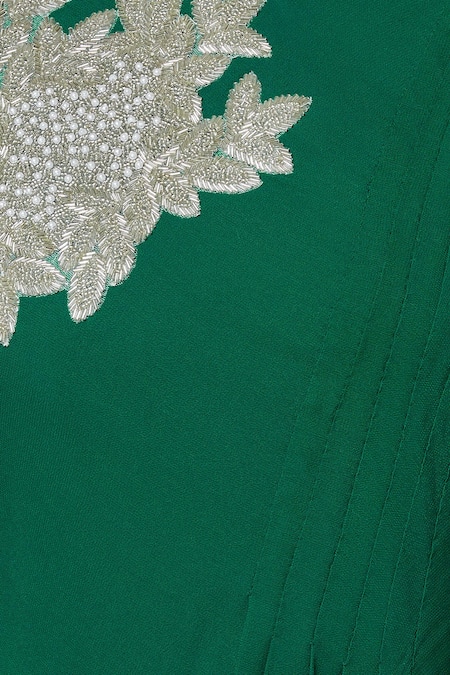 Aariyana Couture_Green Georgette Embroidery Mandarin Collar Draped Asymmetric Dress_at_Aza_Fashions