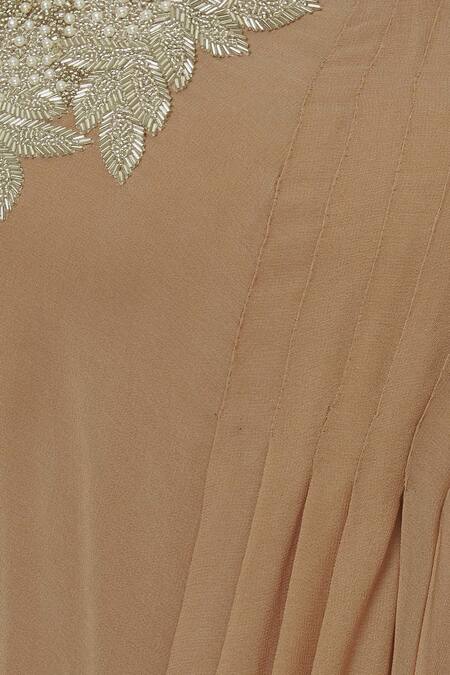 Shop_Aariyana Couture_Brown Beads High Neck Embroidered Draped Kurta_Online_at_Aza_Fashions