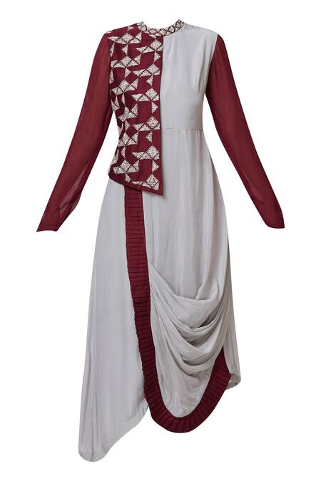 Aariyana Couture Grey Georgette, Bamboo Embroidery Bandeau Neck Draped Tunic Online at Aza Fashions Aariyana Couture_Grey Georgette, Bamboo Embroidery Bandeau Neck Draped Tunic_Online_at_Aza_Fashions