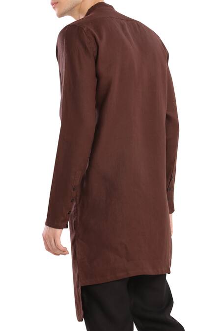Son Of A Noble Snob_Brown Linen Overlap Style Kurta_Online_at_Aza_Fashions