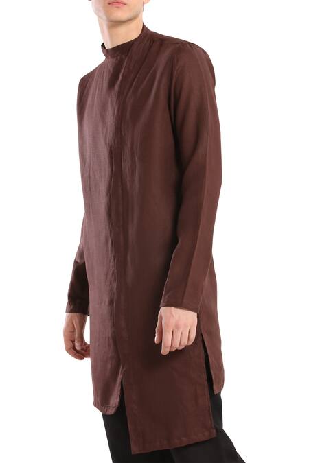 Shop_Son Of A Noble Snob_Brown Linen Overlap Style Kurta_Online_at_Aza_Fashions