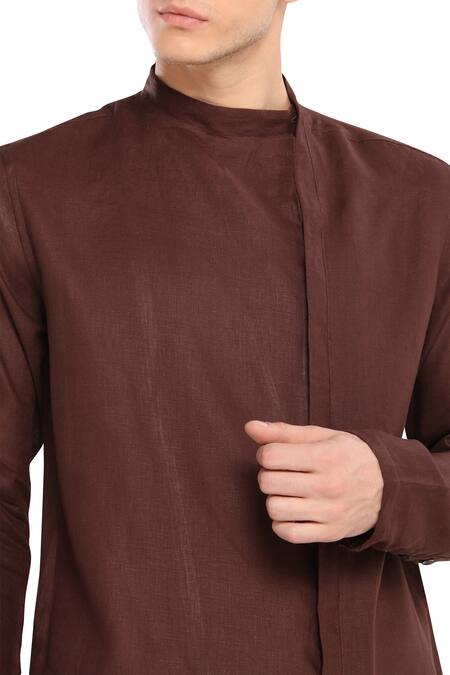 Son Of A Noble Snob_Brown Linen Overlap Style Kurta_at_Aza_Fashions