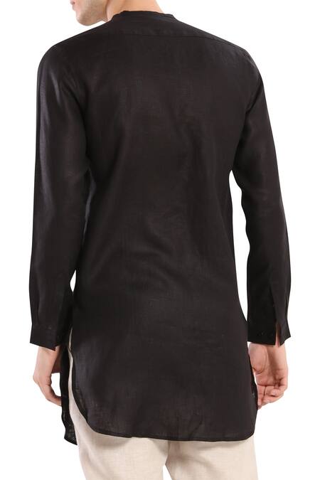 Son Of A Noble Snob_Black Linen Overlap Style Kurta_Online_at_Aza_Fashions