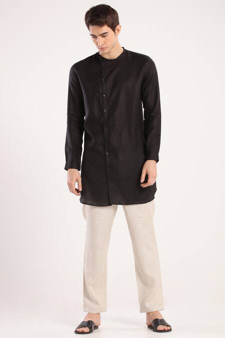 Buy_Son Of A Noble Snob_Black Linen Overlap Style Kurta_Online_at_Aza_Fashions