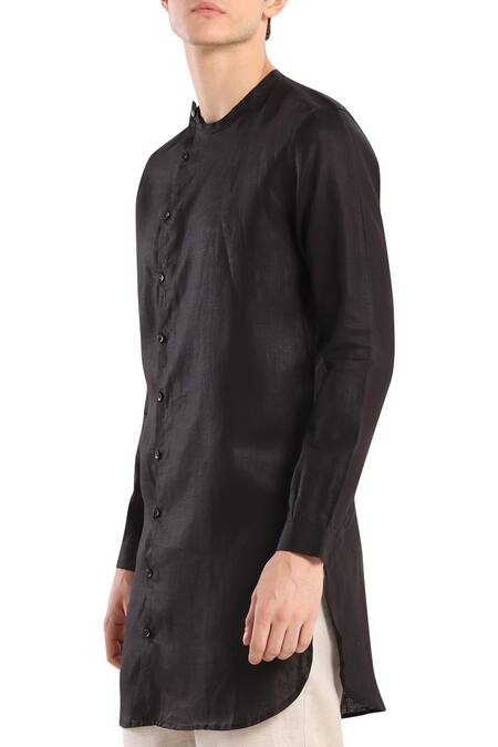 Shop_Son Of A Noble Snob_Black Linen Overlap Style Kurta_Online_at_Aza_Fashions