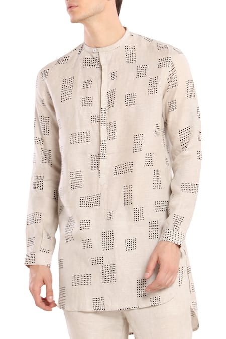 Shop_Son Of A Noble Snob_Beige Linen Printed Kurta _at_Aza_Fashions