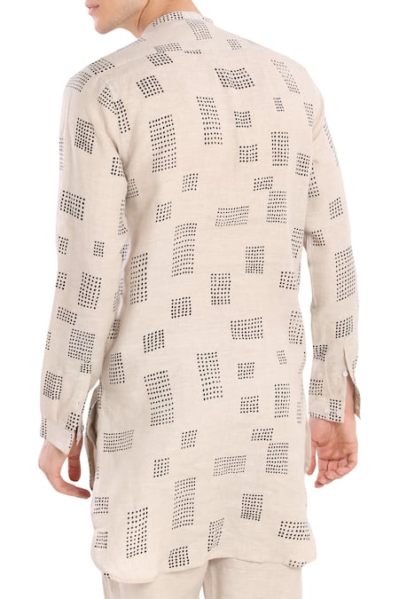 Son Of A Noble Snob_Beige Linen Printed Kurta _Online_at_Aza_Fashions