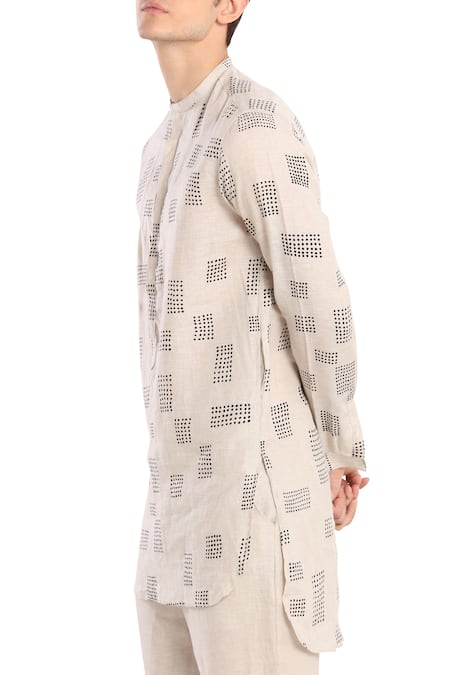Shop_Son Of A Noble Snob_Beige Linen Printed Kurta _Online_at_Aza_Fashions