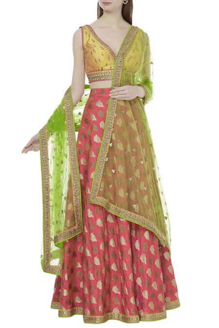 Nitika Gujral Coral Brocade Leaf Neck Embroidered Lehenga Set 