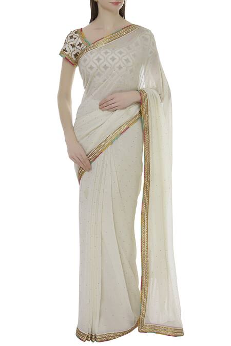 Tisha Saksena White Raw Silk Round Hand Embroidered Saree Set