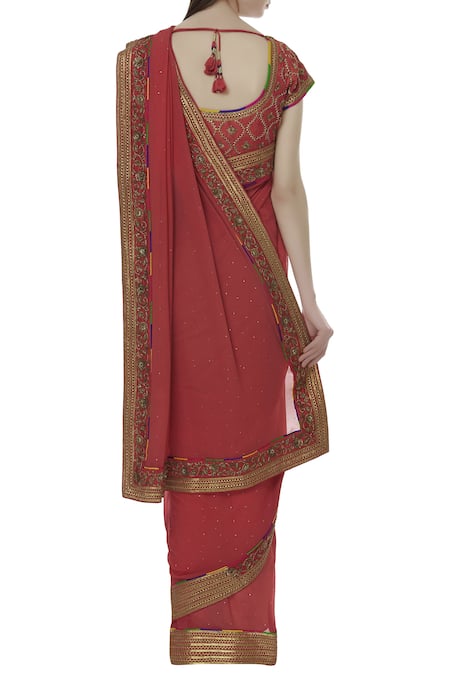 Shop_Tisha Saksena_Coral Raw Silk Round Hand Embroidered Saree Set_at_Aza_Fashions