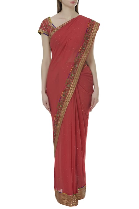 Tisha Saksena_Coral Raw Silk Round Hand Embroidered Saree Set_Online_at_Aza_Fashions