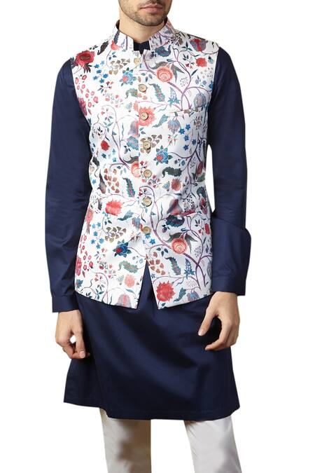 Seven_White Cotton Satin Printed Nehru Jacket _Online_at_Aza_Fashions