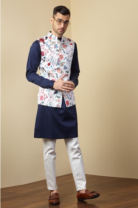 Buy_Seven_White Cotton Satin Printed Nehru Jacket _Online_at_Aza_Fashions