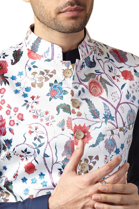 Shop_Seven_White Cotton Satin Printed Nehru Jacket _Online_at_Aza_Fashions