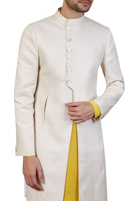 Seven_White Linen Asymmetric Sherwani Set_Online_at_Aza_Fashions