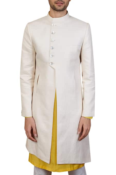 Shop_Seven_White Linen Asymmetric Sherwani Set_Online_at_Aza_Fashions