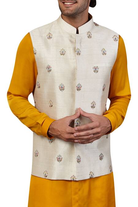 Shop Seven Off White Matka Silk Embroidered Nehru Jacket at Aza Fashions Shop_Seven_Off White Matka Silk Embroidered Nehru Jacket_at_Aza_Fashions