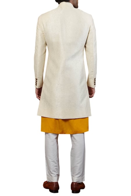 Shop Seven White Silk Jaquard Asymmetric Sherwani Set at Aza Fashions Shop_Seven_White Silk Jaquard Asymmetric Sherwani Set_at_Aza_Fashions