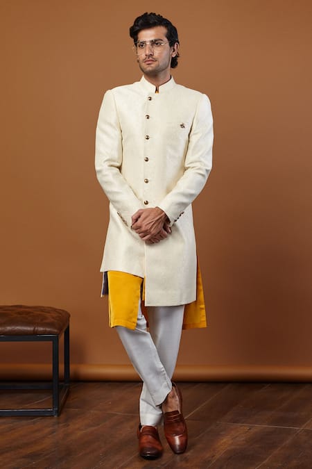 Buy Seven White Silk Jaquard Asymmetric Sherwani Set Online at Aza Fashions Buy_Seven_White Silk Jaquard Asymmetric Sherwani Set_Online_at_Aza_Fashions