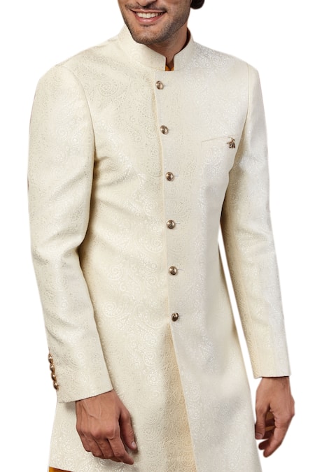 Shop Seven White Silk Jaquard Asymmetric Sherwani Set Online at Aza Fashions Shop_Seven_White Silk Jaquard Asymmetric Sherwani Set_Online_at_Aza_Fashions