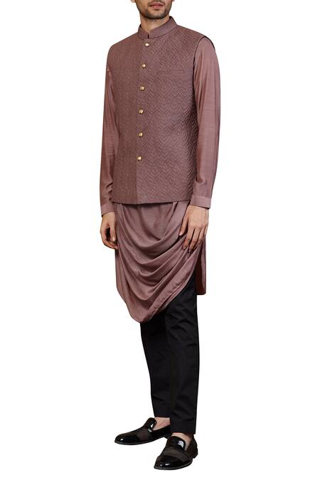 Seven_Purple Cotton Silk Quilted Nehru Jacket_Online_at_Aza_Fashions