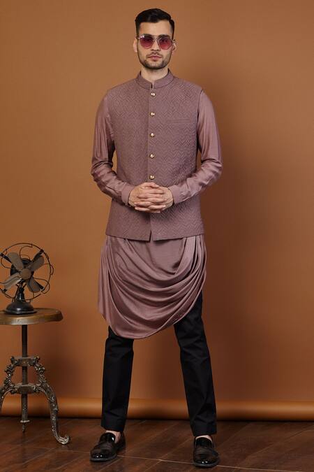 Buy_Seven_Purple Cotton Silk Quilted Nehru Jacket_Online_at_Aza_Fashions