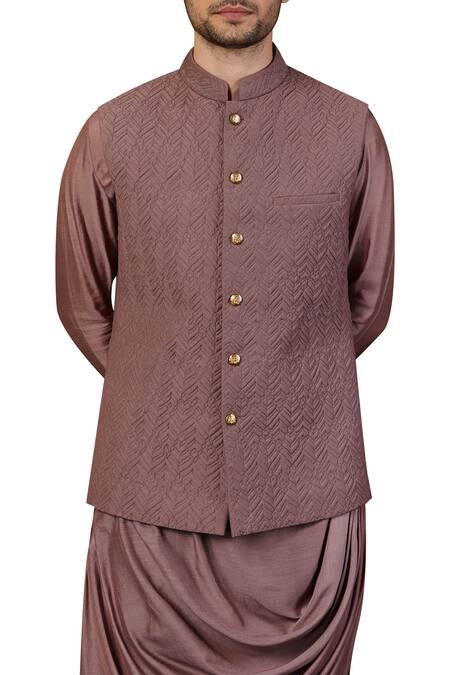 Seven_Purple Cotton Silk Quilted Nehru Jacket_at_Aza_Fashions