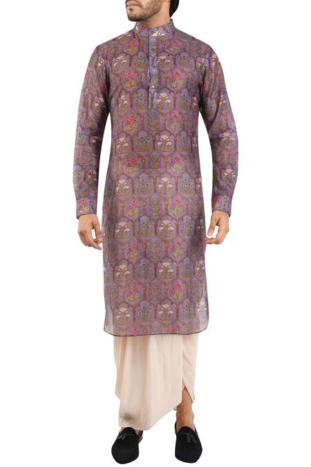 Pranay Baidya_Purple Chanderi Cotton Silk Printed Kurta _Online_at_Aza_Fashions