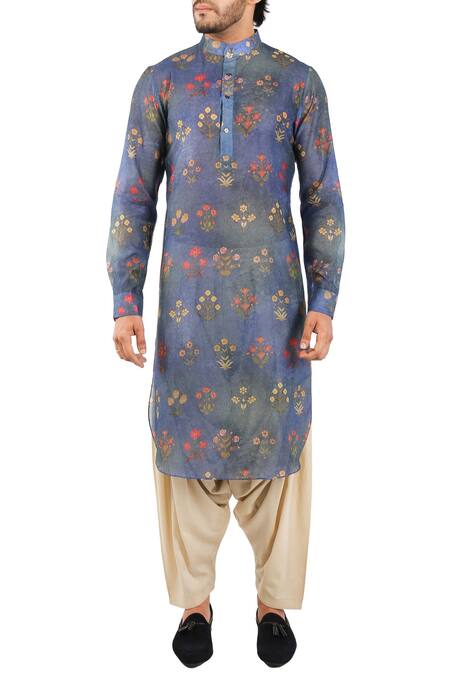 Pranay Baidya_Blue Chanderi Cotton Silk Printed Kurta_Online_at_Aza_Fashions