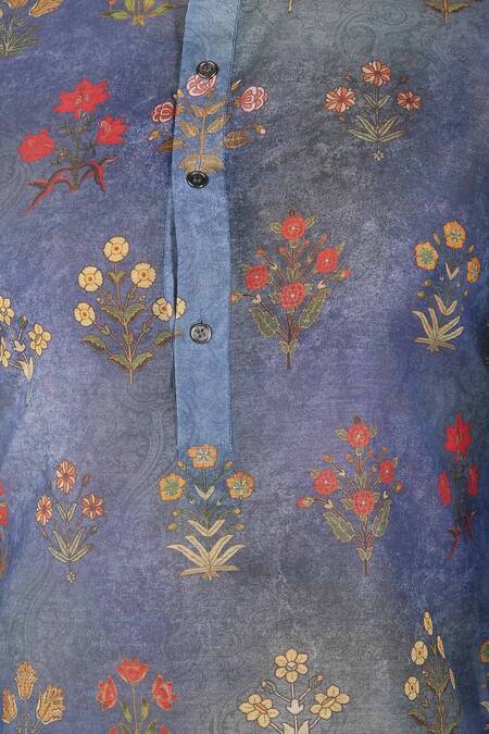 Buy_Pranay Baidya_Blue Chanderi Cotton Silk Printed Kurta_Online_at_Aza_Fashions