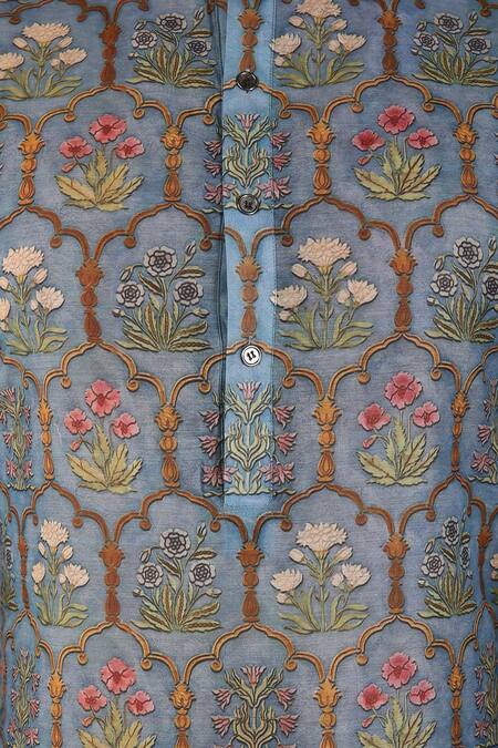 Buy_Pranay Baidya_Blue Chanderi Cotton Silk Printed Kurta_Online_at_Aza_Fashions