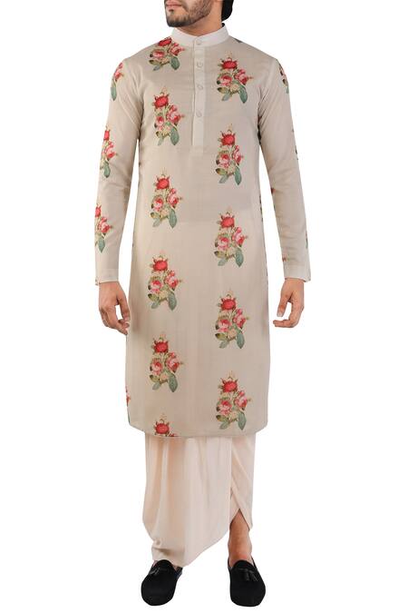 Pranay Baidya_Off White Muslin Cotton Silk Printed Kurta With Side Pockets_Online_at_Aza_Fashions