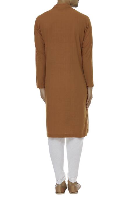 Shop_Gram Of Ink_Orange Cotton Band Collar Kurta Set_at_Aza_Fashions