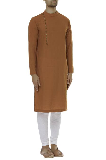 Gram Of Ink_Orange Cotton Band Collar Kurta Set_Online_at_Aza_Fashions